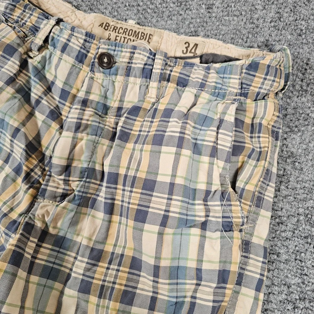 VTG Abercrombie & Fitch Mens Plaid Shorts Blue Green Tan Cotton Size 34 Casual